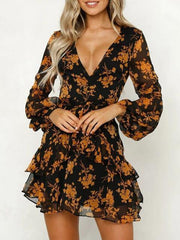 Vintage Print V Neck Mini Dress