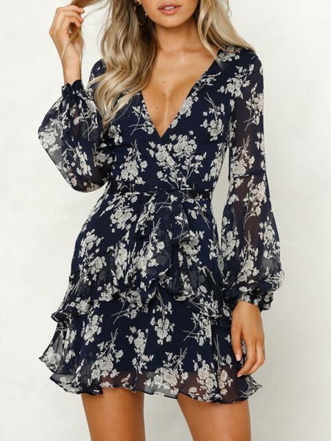 Vintage Print V Neck Mini Dress