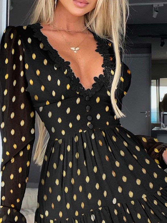 Women's Dresses Polka Dot V-Neck Lace Long Sleeve Dress
