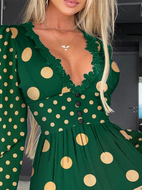 Women's Dresses Polka Dot V-Neck Lace Long Sleeve Dress