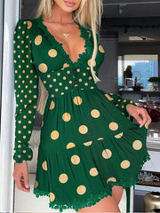 Women's Dresses Polka Dot V-Neck Lace Long Sleeve Dress