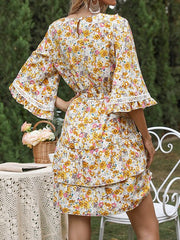 Women's Dresses Print Lace Panel Lace-Up Flare Sleeve Dress