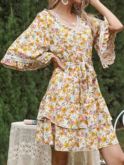 Women's Dresses Print Lace Panel Lace-Up Flare Sleeve Dress