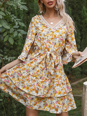 Women's Dresses Print Lace Panel Lace-Up Flare Sleeve Dress