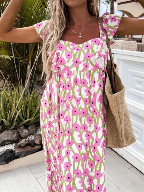 Women's Dresses Printed Bare Back Ruffle Sleeve Dress
