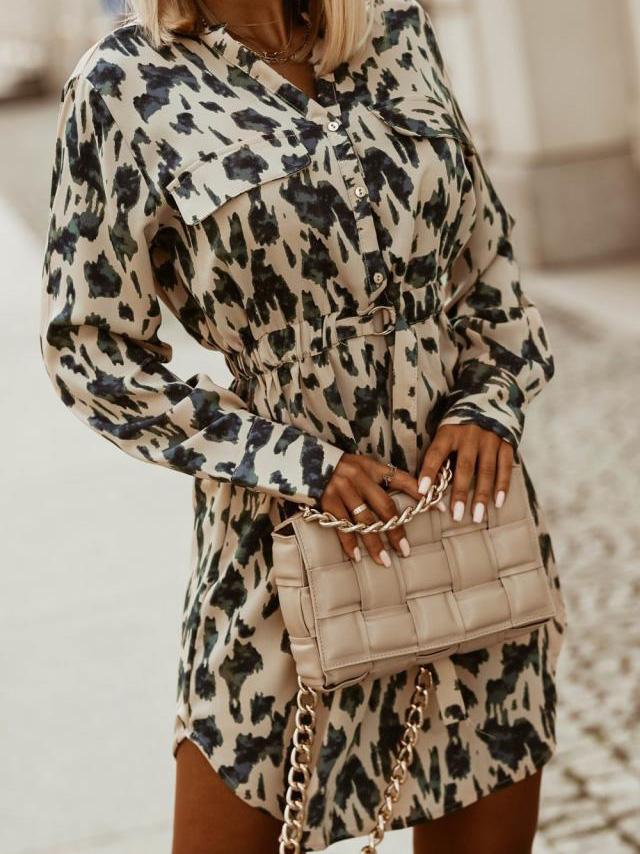 Women's Dresses Printed Belted Button Shirt Long Sleeve Dress