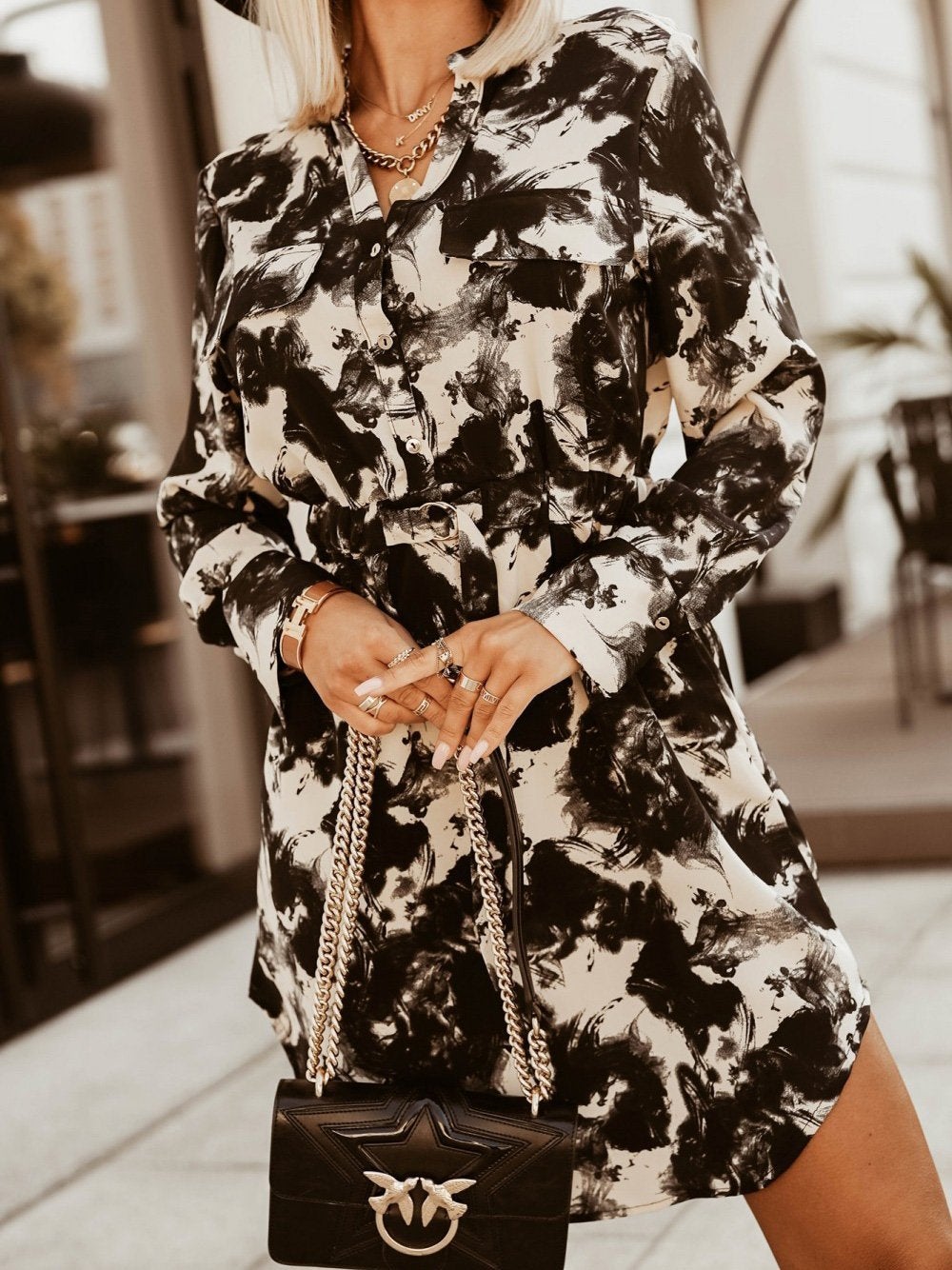 Women's Dresses Printed Belted Button Shirt Long Sleeve Dress