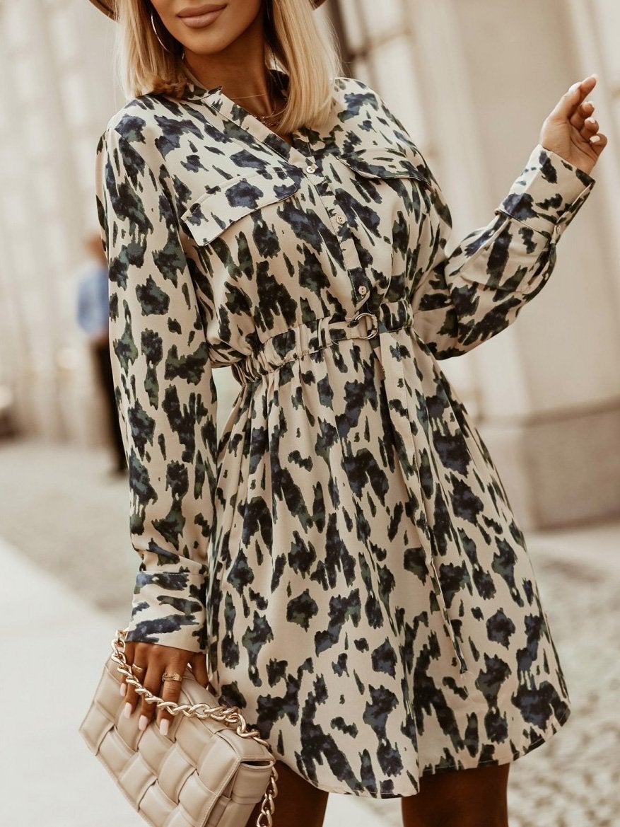 Women's Dresses Printed Belted Button Shirt Long Sleeve Dress