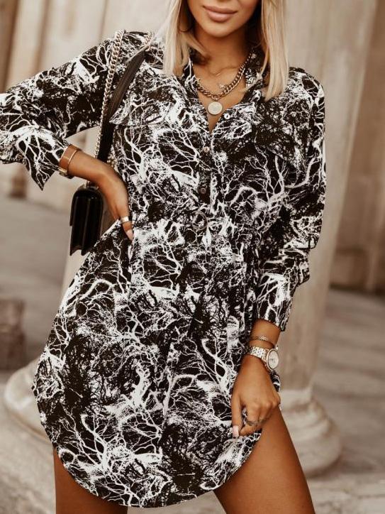Women's Dresses Printed Belted Button Shirt Long Sleeve Dress