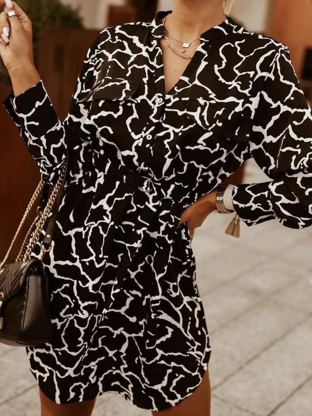Women's Dresses Printed Belted Button Shirt Long Sleeve Dress