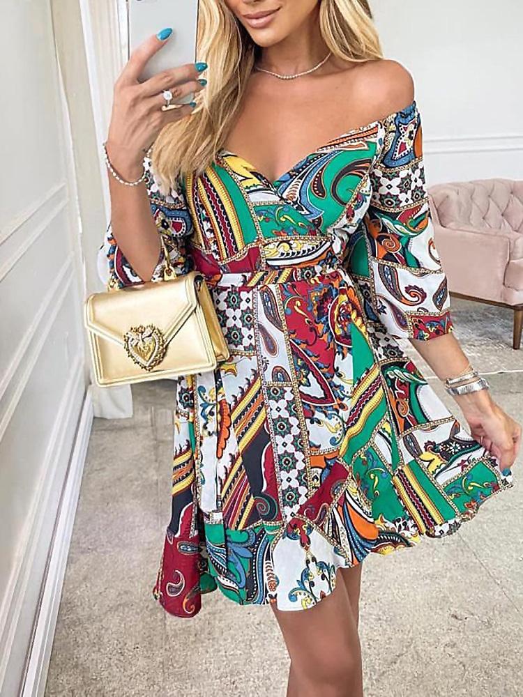Women's Dresses Printed Deep V-Neck Belted Casual Dress