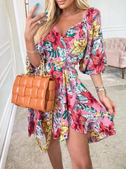 Women's Dresses Printed Deep V-Neck Belted Casual Dress