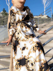 Women's Dresses Printed Lace-Up Long Sleeve Dress