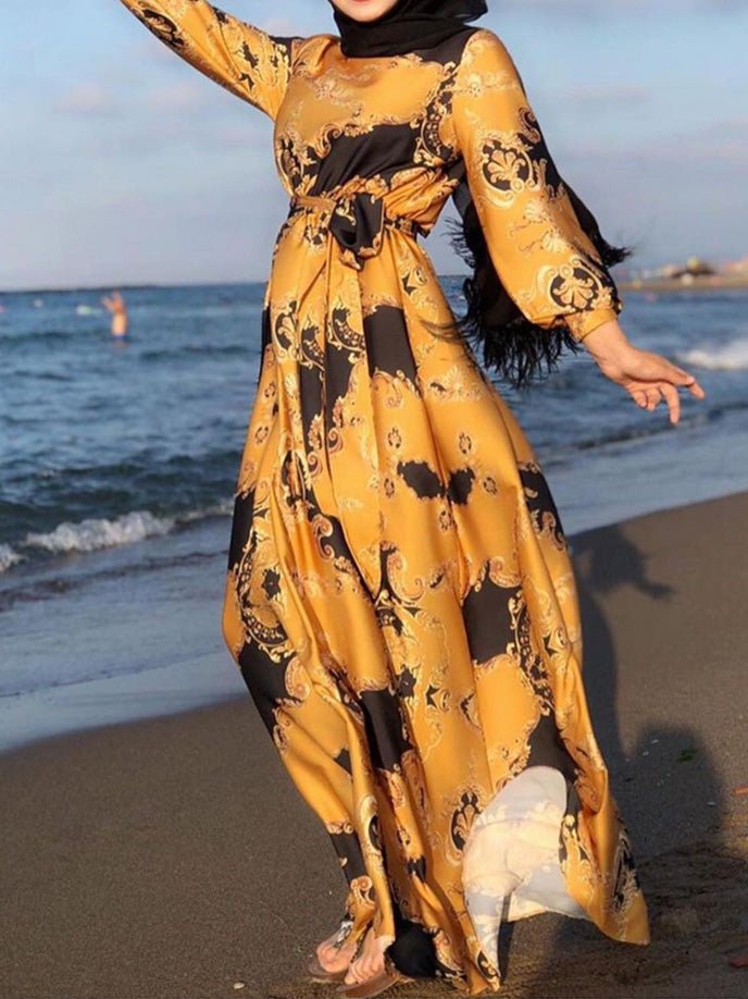 Women's Dresses Printed Lace-Up Long Sleeve Dress