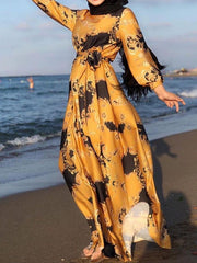 Women's Dresses Printed Lace-Up Long Sleeve Dress