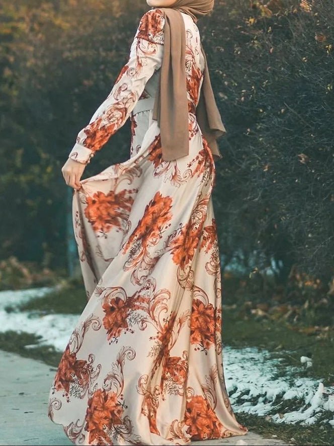 Women's Dresses Printed Lace-Up Long Sleeve Dress