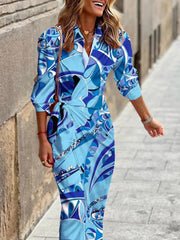 Women's Dresses Printed Lace Up Long Sleeve Shirt Dress