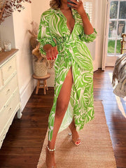 Women's Dresses Printed Lapel Collar Long Sleeve Slit Dress