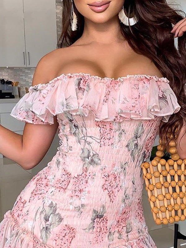 Women's Dresses Printed One-Shoulder Chiffon Ruffle Dress