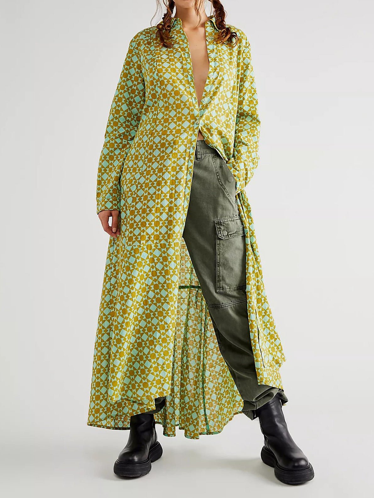 Women's Dresses Printed Single Breasted Long Sleeve Shirt Dress