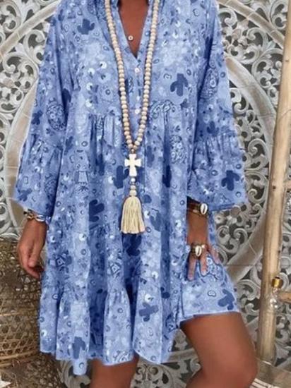 Women's Dresses Printed Stand Collar Button Ruffled Long Sleeve Dress