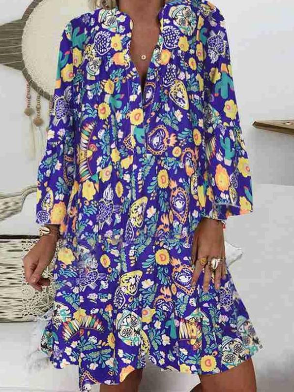 Women's Dresses Printed Stand Collar Button Ruffled Long Sleeve Dress