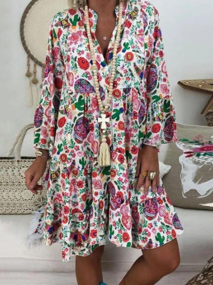 Women's Dresses Printed Stand Collar Button Ruffled Long Sleeve Dress