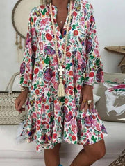 Women's Dresses Printed Stand Collar Button Ruffled Long Sleeve Dress