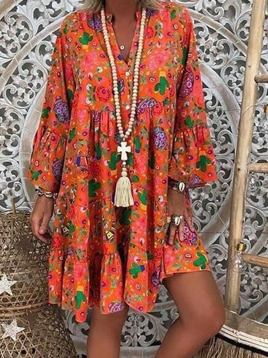 Women's Dresses Printed Stand Collar Button Ruffled Long Sleeve Dress