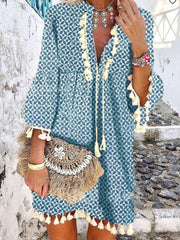 Women's Dresses Printed V-Neck Fringed Ruffle Dress