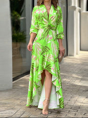 Women's Dresses Printed V-Neck High Waist Long Sleeve Dress