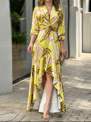 Women's Dresses Printed V-Neck High Waist Long Sleeve Dress