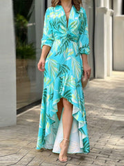 Women's Dresses Printed V-Neck High Waist Long Sleeve Dress