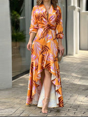 Women's Dresses Printed V-Neck High Waist Long Sleeve Dress
