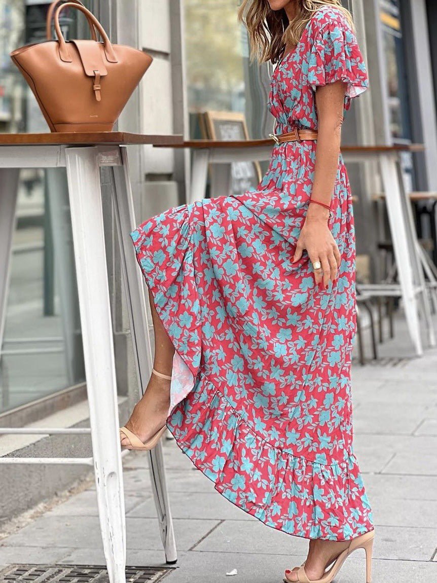 Women's Dresses Printed V-Neck High Waist Ruffle Dress