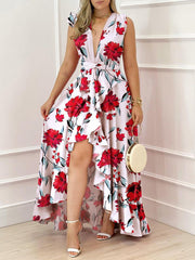 Women's Dresses Printed V-Neck Irregular Ruffle Dress