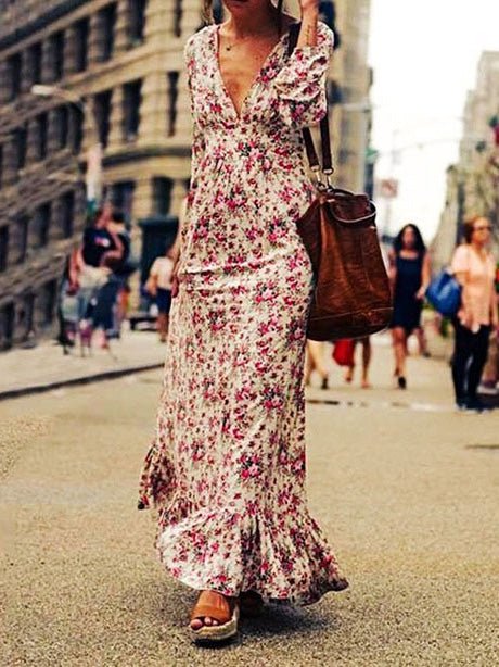 Women's Dresses Printed V-Neck Long Sleeve Ruffle Dress