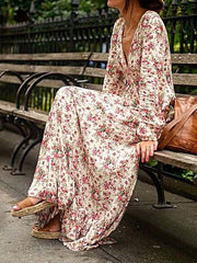 Women's Dresses Printed V-Neck Long Sleeve Ruffle Dress