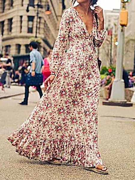 Women's Dresses Printed V-Neck Long Sleeve Ruffle Dress