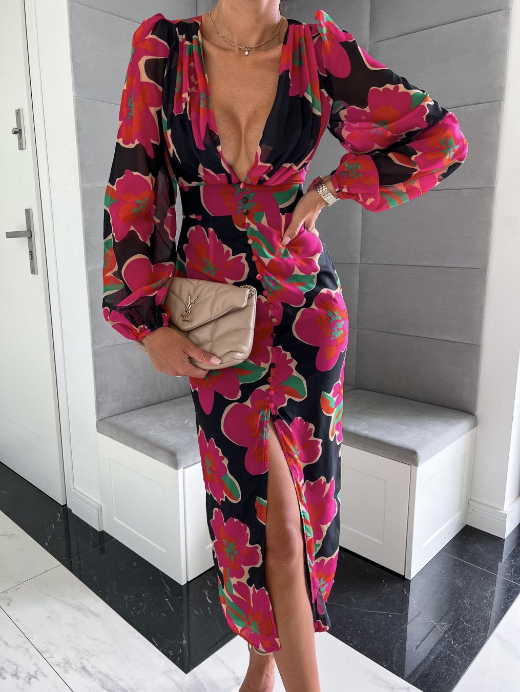 Women's Dresses Printed V-Neck Long Sleeve Slit Dress