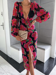 Women's Dresses Printed V-Neck Long Sleeve Slit Dress