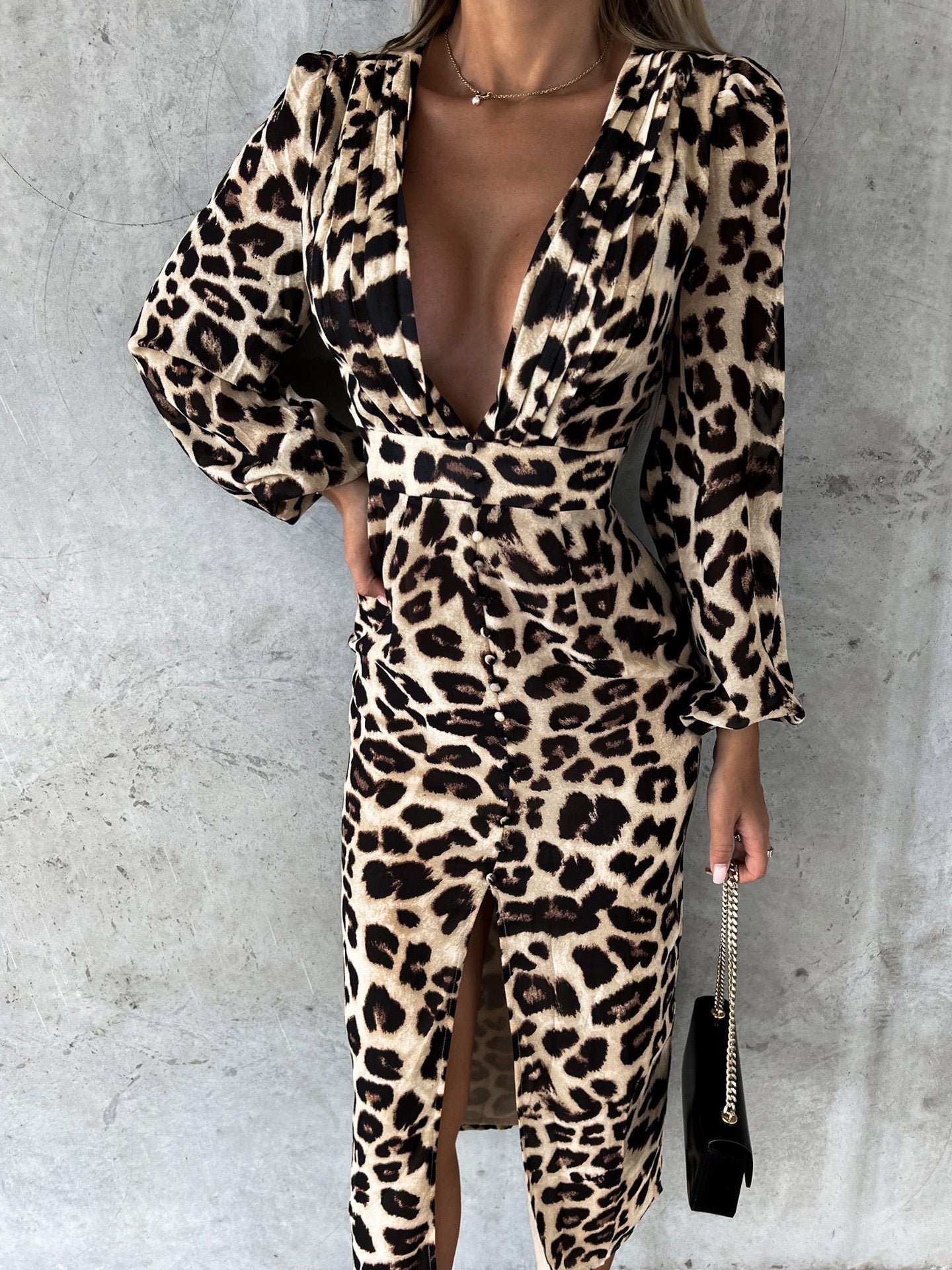 Women's Dresses Printed V-Neck Long Sleeve Slit Dress