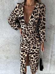 Women's Dresses Printed V-Neck Long Sleeve Slit Dress