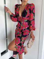 Women's Dresses Printed V-Neck Long Sleeve Slit Dress