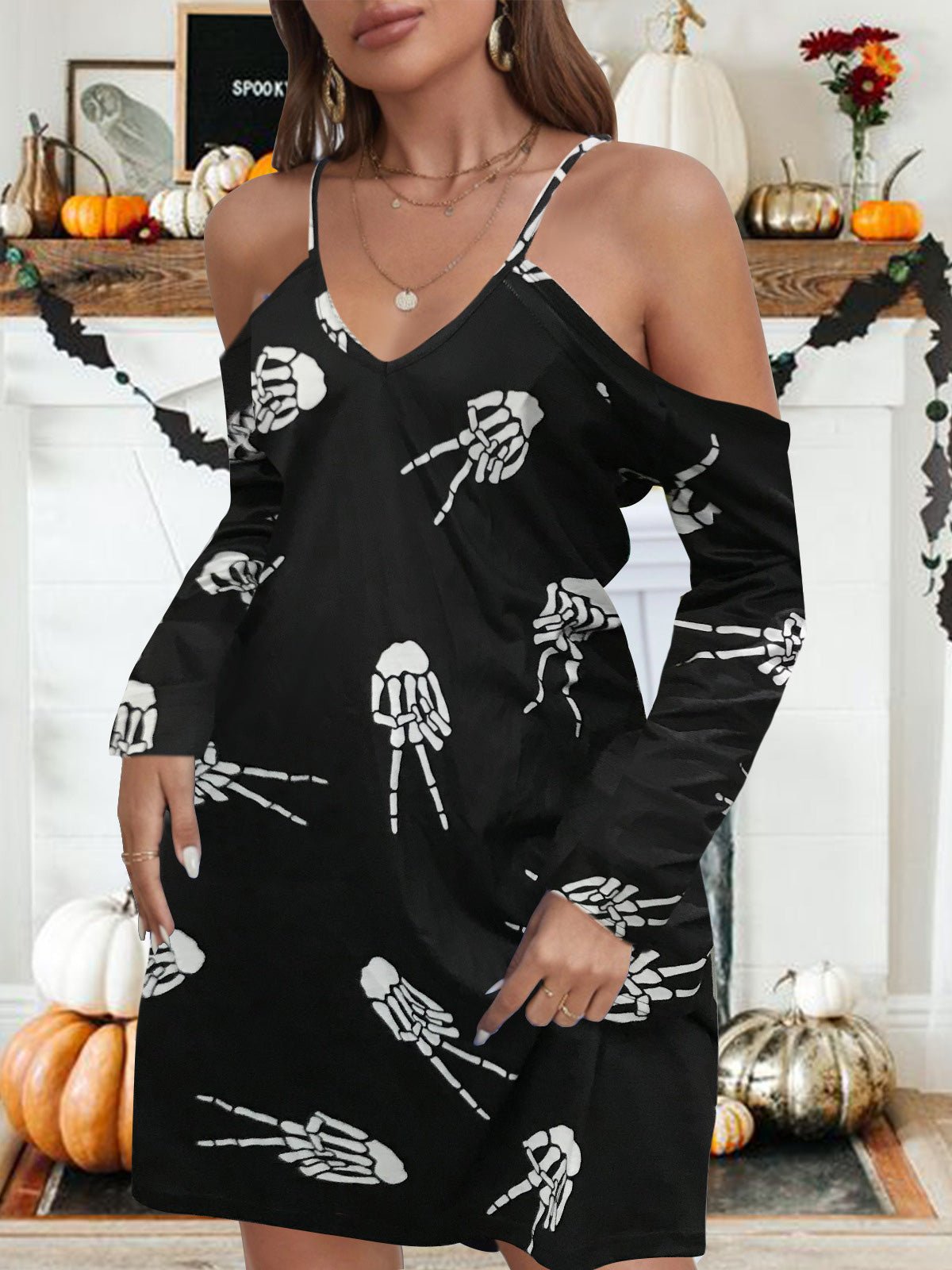 Women's Dresses Printed V-Neck Off-Shoulder Long Sleeve Dress
