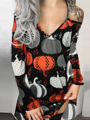 Women's Dresses Printed V-Neck Off-Shoulder Long Sleeve Dress