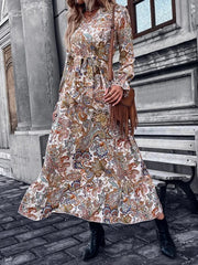 Women's Dresses Printed V-Neck Tie Long Sleeve Dress