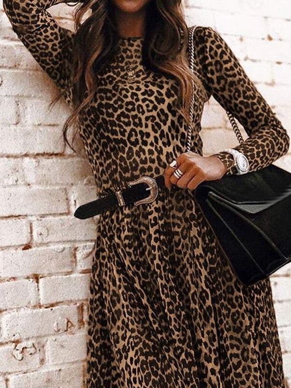 Women's Dresses Retro Leopard Print Round Neck Long Sleeve Dress