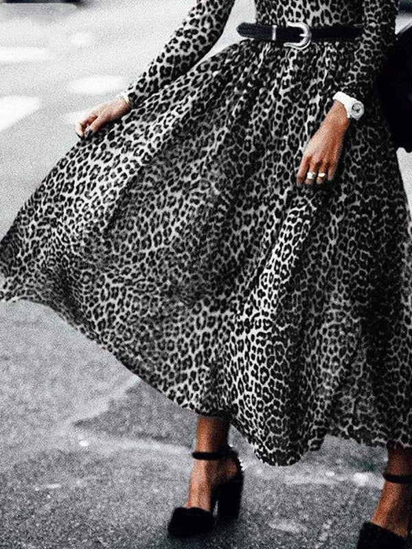 Women's Dresses Retro Leopard Print Round Neck Long Sleeve Dress