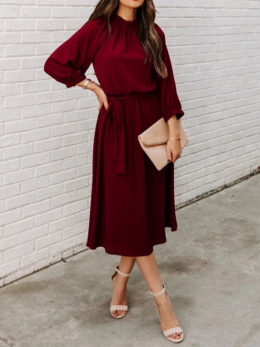 Women's Dresses Round Neck Belted Long Sleeve Dress